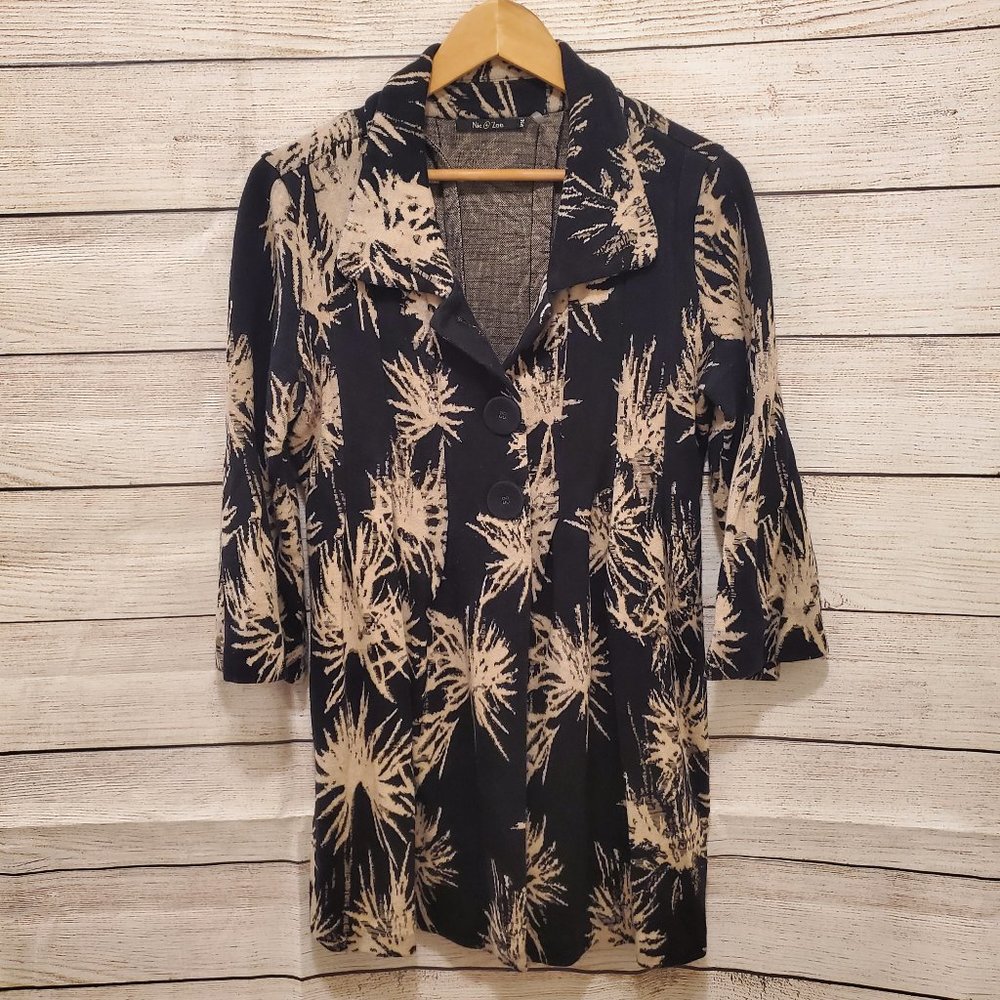 Nic & Zoe Black with Tan Abstract Print Knit Swing Coat, Size PM